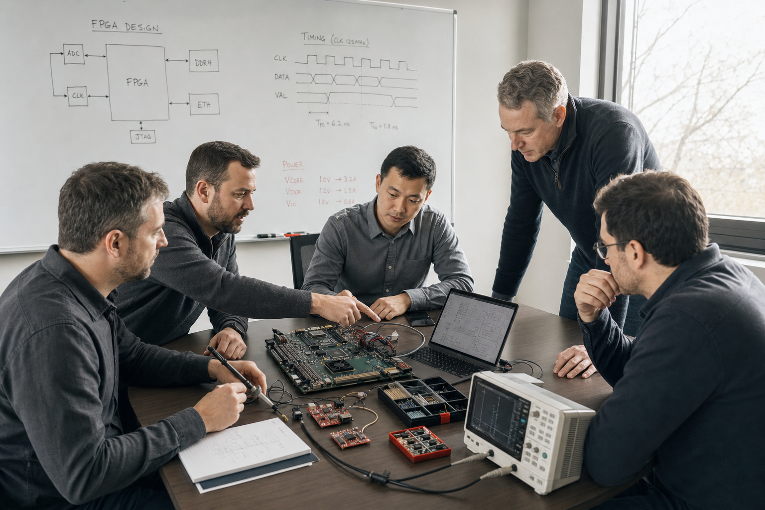 Electronics engineers discussing an FPGA prototype and component choices in a conference room.