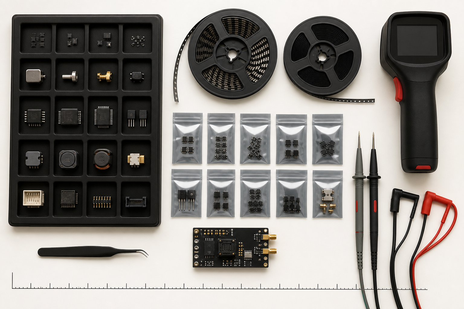 Electronic components arranged for selection and validation with probes and fixture board.