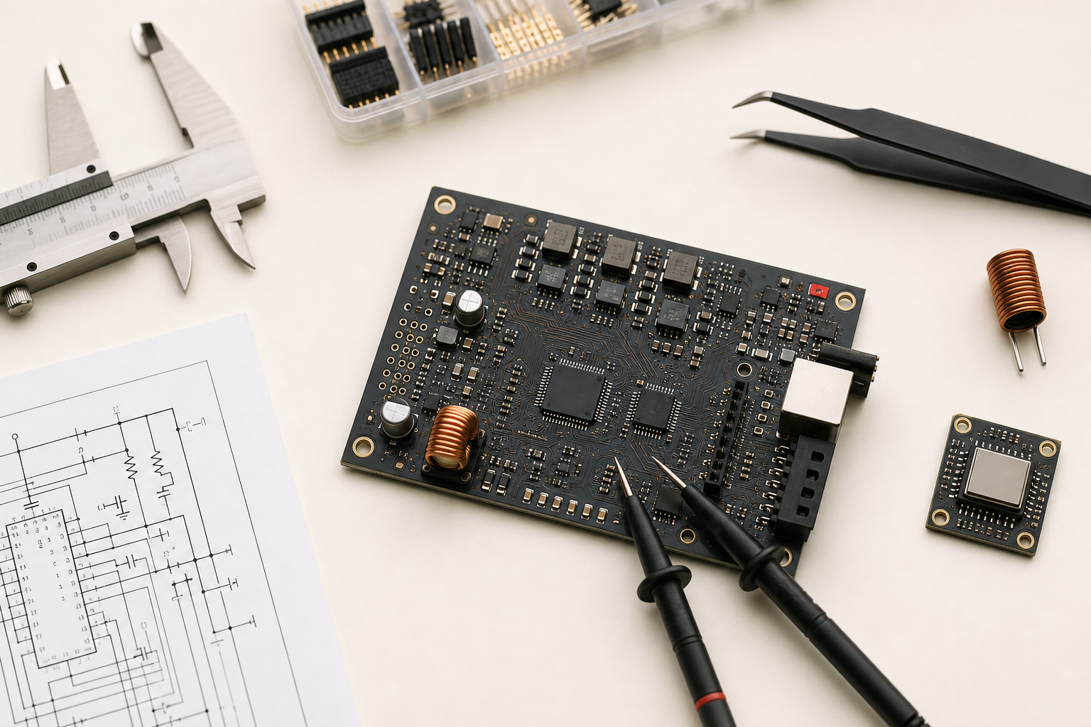 Custom electronics board with schematic, probes, component trays, and calipers.
