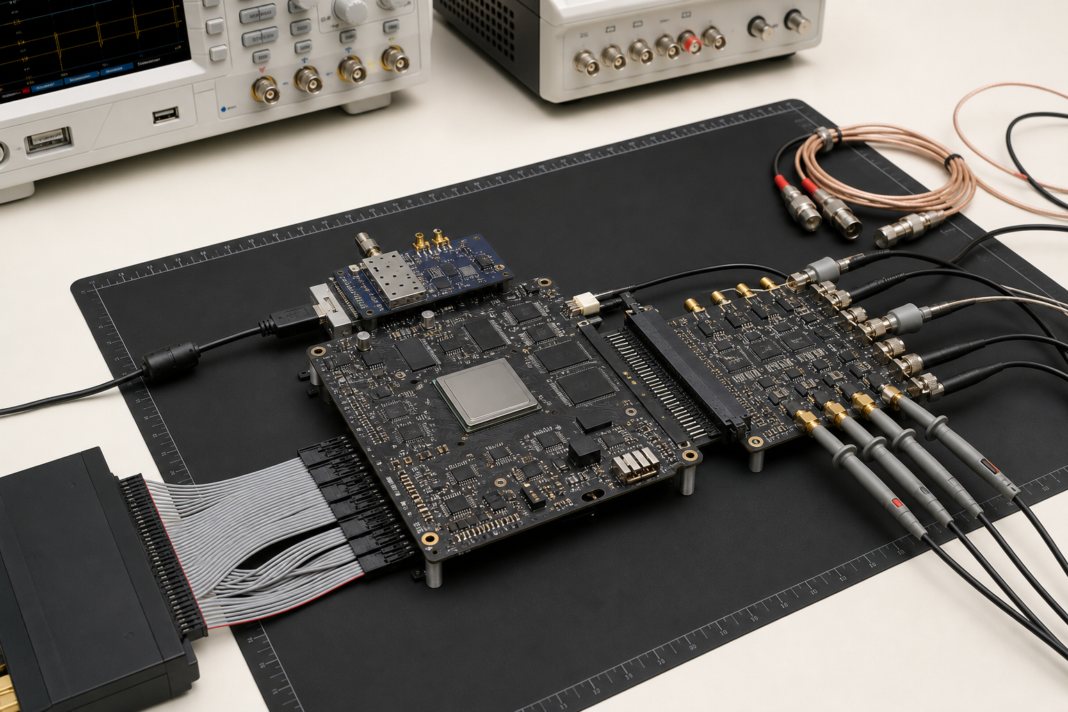 FPGA prototype validation bench with oscilloscope probes and ADC front-end board.